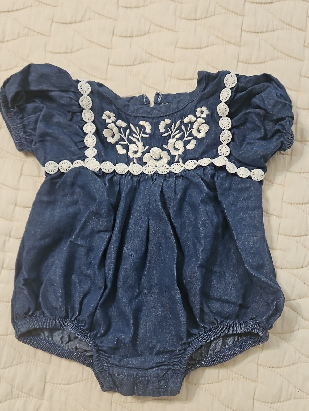 Rachel Zoe Navy Blue Embroidered Girls' Romper with White Trim